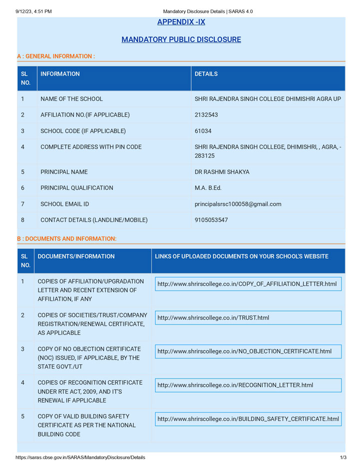 CBSE MANDATORY DISCLOSURE