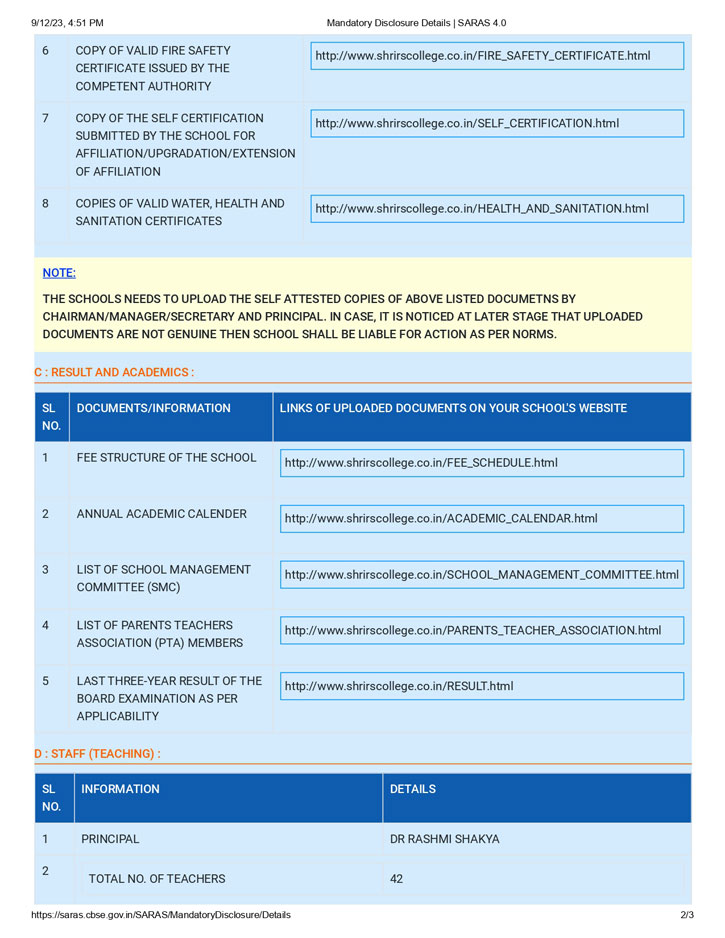 CBSE MANDATORY DISCLOSURE